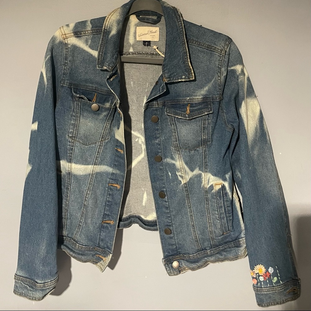 Tie dye bleached chic jean jacket with embroidered flower sleeves